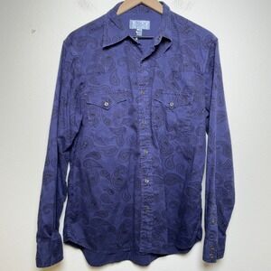 Ryan Michael Men Western Snap Button Down Shirt Medium Blue Paisley Long Sleeve